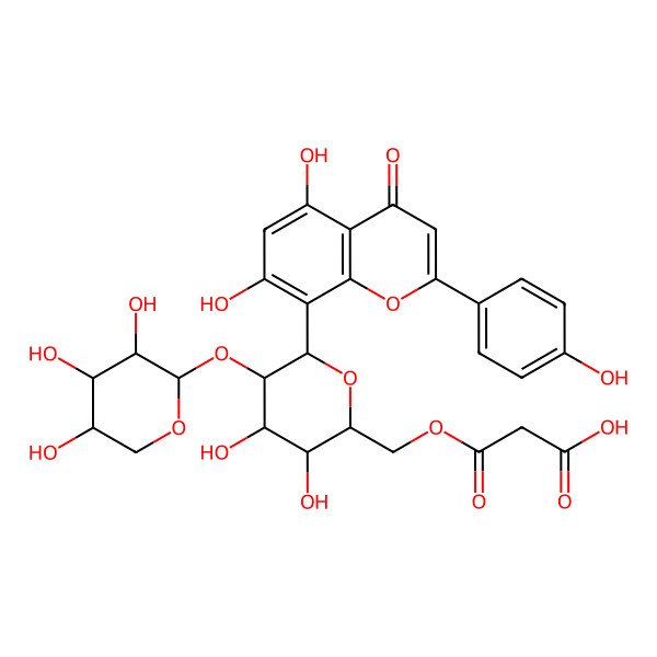 2D Structure of 3-[[(2R,3S,4S,5R,6S)-6-[5,7-dihydroxy-2-(4-hydroxyphenyl)-4-oxochromen-8-yl]-3,4-dihydroxy-5-[(2R,3R,4R,5R)-3,4,5-trihydroxyoxan-2-yl]oxyoxan-2-yl]methoxy]-3-oxopropanoic acid
