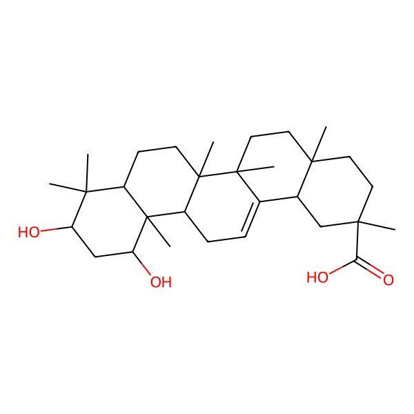 2D Structure of (2S,4aS,6aS,6aS,6bR,8aS,10S,12S,12aR,14bR)-10,12-dihydroxy-2,4a,6a,6b,9,9,12a-heptamethyl-1,3,4,5,6,6a,7,8,8a,10,11,12,13,14b-tetradecahydropicene-2-carboxylic acid