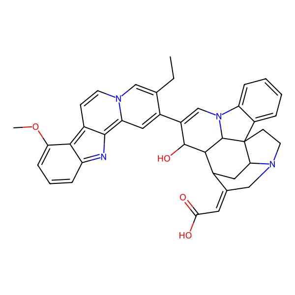 2D Structure of (2E)-2-[(1R,11S,12R,13R,19S,21S)-10-(3-ethyl-8-methoxyindolo[2,3-a]quinolizin-2-yl)-11-hydroxy-8,16-diazahexacyclo[11.5.2.11,8.02,7.016,19.012,21]henicosa-2,4,6,9-tetraen-14-ylidene]acetic acid
