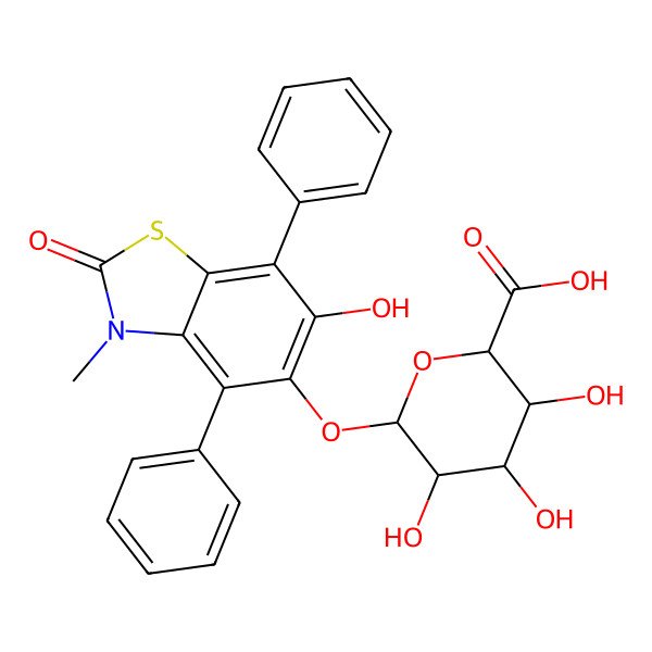 2D Structure of 3,4,5-Trihydroxy-6-[(6-hydroxy-3-methyl-2-oxo-4,7-diphenyl-1,3-benzothiazol-5-yl)oxy]oxane-2-carboxylic acid