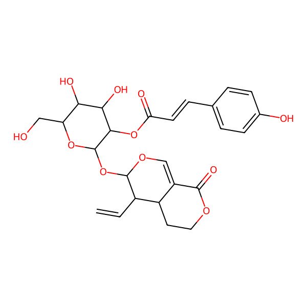 2D Structure of [2-[(4-ethenyl-8-oxo-4,4a,5,6-tetrahydro-3H-pyrano[3,4-c]pyran-3-yl)oxy]-4,5-dihydroxy-6-(hydroxymethyl)oxan-3-yl] 3-(4-hydroxyphenyl)prop-2-enoate