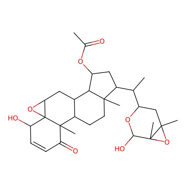 2D Structure of [(1S,2R,6S,7R,9R,11R,12S,13S,15R,16R)-6-hydroxy-15-[(1S)-1-[(1S,2S,4R,6S)-2-hydroxy-1,6-dimethyl-3,7-dioxabicyclo[4.1.0]heptan-4-yl]ethyl]-2,16-dimethyl-3-oxo-8-oxapentacyclo[9.7.0.02,7.07,9.012,16]octadec-4-en-13-yl] acetate