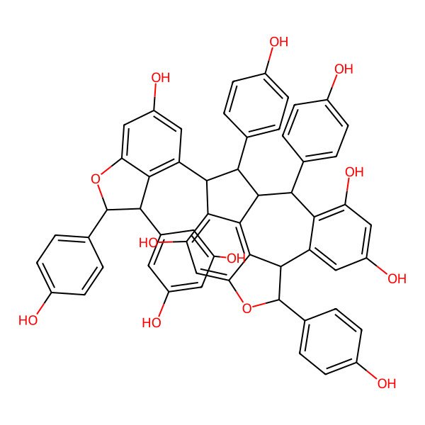 2D Structure of 3-[3-(3,5-Dihydroxyphenyl)-6-hydroxy-2-(4-hydroxyphenyl)-2,3-dihydro-1-benzofuran-4-yl]-2,9,17-tris(4-hydroxyphenyl)-8-oxapentacyclo[8.7.2.04,18.07,19.011,16]nonadeca-4(18),5,7(19),11(16),12,14-hexaene-5,13,15-triol