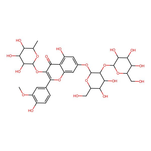 2D Structure of 7-[4,5-Dihydroxy-6-(hydroxymethyl)-3-[3,4,5-trihydroxy-6-(hydroxymethyl)oxan-2-yl]oxyoxan-2-yl]oxy-5-hydroxy-2-(4-hydroxy-3-methoxyphenyl)-3-(3,4,5-trihydroxy-6-methyloxan-2-yl)oxychromen-4-one