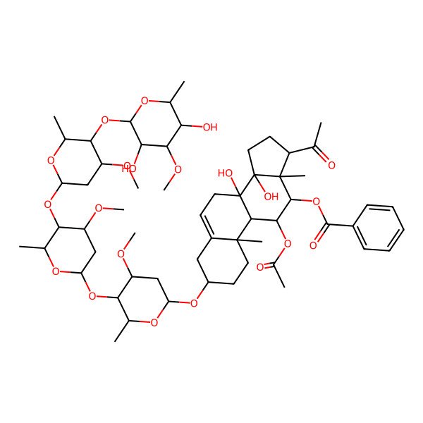 2D Structure of [(3S,8S,9S,10R,11S,12S,13S,14R,17S)-17-acetyl-11-acetyloxy-3-[(2R,4S,5R,6R)-5-[(2S,4S,5R,6R)-5-[(2S,4R,5R,6R)-5-[(2S,3R,4R,5R,6R)-3,5-dihydroxy-4-methoxy-6-methyloxan-2-yl]oxy-4-methoxy-6-methyloxan-2-yl]oxy-4-methoxy-6-methyloxan-2-yl]oxy-4-methoxy-6-methyloxan-2-yl]oxy-8,14-dihydroxy-10,13-dimethyl-2,3,4,7,9,11,12,15,16,17-decahydro-1H-cyclopenta[a]phenanthren-12-yl] benzoate