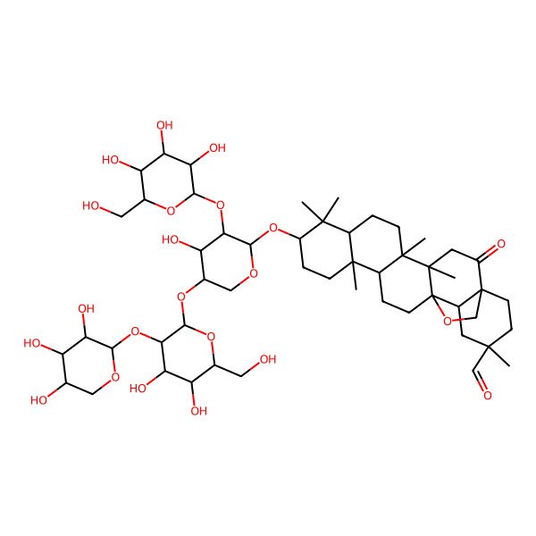 2D Structure of 10-[5-[4,5-Dihydroxy-6-(hydroxymethyl)-3-(3,4,5-trihydroxyoxan-2-yl)oxyoxan-2-yl]oxy-4-hydroxy-3-[3,4,5-trihydroxy-6-(hydroxymethyl)oxan-2-yl]oxyoxan-2-yl]oxy-4,5,9,9,13,20-hexamethyl-2-oxo-24-oxahexacyclo[15.5.2.01,18.04,17.05,14.08,13]tetracosane-20-carbaldehyde
