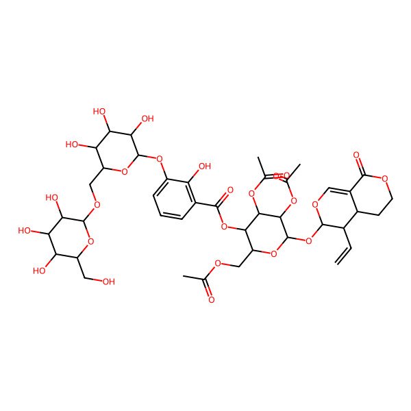 2D Structure of [(2R,3R,4S,5R,6S)-4,5-diacetyloxy-2-(acetyloxymethyl)-6-[[(3S,4R,4aS)-4-ethenyl-8-oxo-4,4a,5,6-tetrahydro-3H-pyrano[3,4-c]pyran-3-yl]oxy]oxan-3-yl] 2-hydroxy-3-[(2S,3R,4S,5S,6R)-3,4,5-trihydroxy-6-[[(2R,3R,4S,5S,6R)-3,4,5-trihydroxy-6-(hydroxymethyl)oxan-2-yl]oxymethyl]oxan-2-yl]oxybenzoate