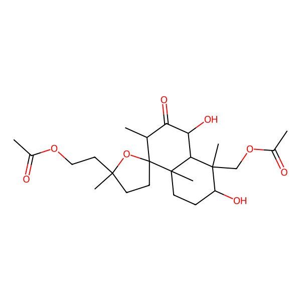 2D Structure of 2-[(2'S,3R,4S,4aS,5S,7S,8R,8aS)-4-(acetyloxymethyl)-3,5-dihydroxy-2',4,7,8a-tetramethyl-6-oxospiro[1,2,3,4a,5,7-hexahydronaphthalene-8,5'-oxolane]-2'-yl]ethyl acetate