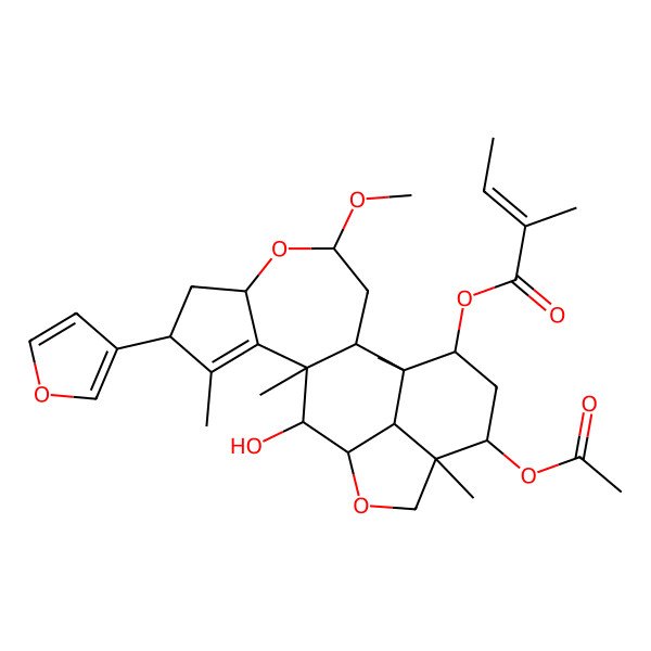 2D Structure of [(1R,2R,4R,6S,8R,11R,12S,13R,16R,17R,19S,20R)-17-acetyloxy-8-(furan-3-yl)-12-hydroxy-4-methoxy-1,9,11,16-tetramethyl-5,14-dioxapentacyclo[11.6.1.02,11.06,10.016,20]icos-9-en-19-yl] (E)-2-methylbut-2-enoate