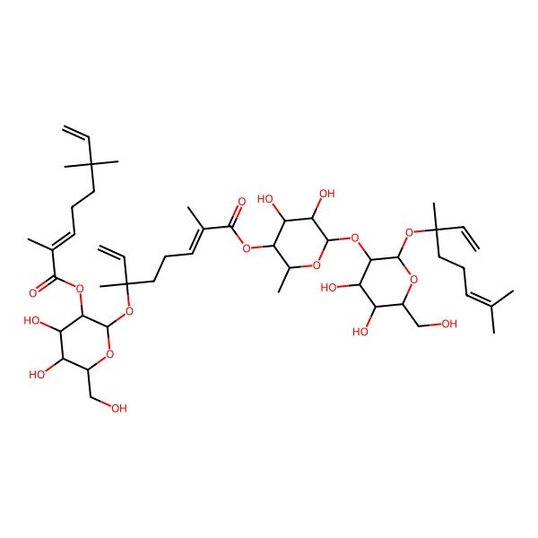 2D Structure of [(2S,3R,4S,5S,6R)-2-[(3R,6E)-8-[(2S,3R,4S,5R,6S)-6-[(2S,3R,4S,5S,6R)-2-[(3R)-3,7-dimethylocta-1,6-dien-3-yl]oxy-4,5-dihydroxy-6-(hydroxymethyl)oxan-3-yl]oxy-4,5-dihydroxy-2-methyloxan-3-yl]oxy-3,7-dimethyl-8-oxoocta-1,6-dien-3-yl]oxy-4,5-dihydroxy-6-(hydroxymethyl)oxan-3-yl] (2E)-2,6,6-trimethylocta-2,7-dienoate