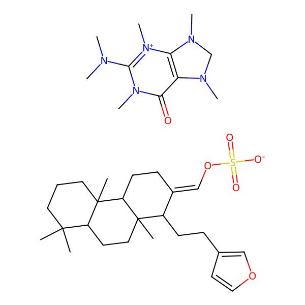 2D Structure of [(E)-[(1R,4aR,4bS,8aS,10aS)-1-[2-(furan-3-yl)ethyl]-4b,8,8,10a-tetramethyl-1,3,4,4a,5,6,7,8a,9,10-decahydrophenanthren-2-ylidene]methyl] sulfate;2-(dimethylamino)-1,3,7,9-tetramethyl-8H-purin-3-ium-6-one