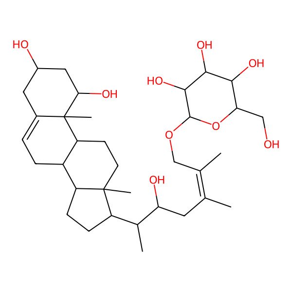 2D Structure of (2R,3R,4S,5S,6R)-2-[(Z,5R,6S)-6-[(1S,3R,8S,9S,10R,13S,14S,17R)-1,3-dihydroxy-10,13-dimethyl-2,3,4,7,8,9,11,12,14,15,16,17-dodecahydro-1H-cyclopenta[a]phenanthren-17-yl]-5-hydroxy-2,3-dimethylhept-2-enoxy]-6-(hydroxymethyl)oxane-3,4,5-triol