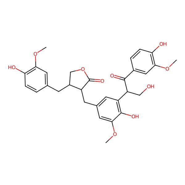 2D Structure of (3R,4R)-3-[[4-hydroxy-3-[(2S)-3-hydroxy-1-(4-hydroxy-3-methoxyphenyl)-1-oxopropan-2-yl]-5-methoxyphenyl]methyl]-4-[(4-hydroxy-3-methoxyphenyl)methyl]oxolan-2-one