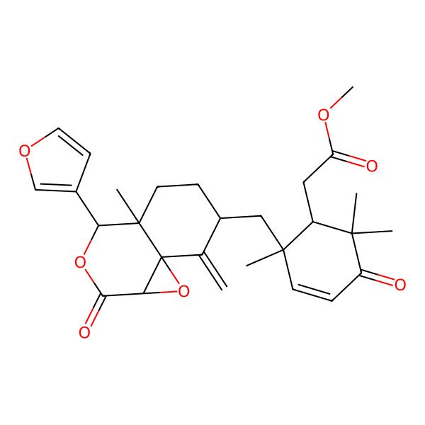 2D Structure of methyl 2-[2-[[4-(furan-3-yl)-4a-methyl-8-methylidene-2-oxo-4,5,6,7-tetrahydro-1aH-oxireno[2,3-d]isochromen-7-yl]methyl]-2,6,6-trimethyl-5-oxocyclohex-3-en-1-yl]acetate