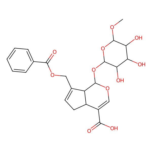 2D Structure of 7-(Benzoyloxymethyl)-1-(3,4,5-trihydroxy-6-methoxyoxan-2-yl)oxy-1,4a,5,7a-tetrahydrocyclopenta[c]pyran-4-carboxylic acid