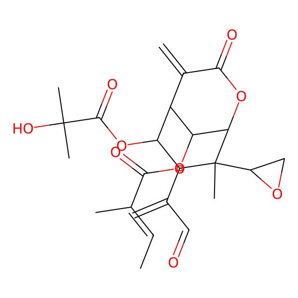 2D Structure of [6-(2-Hydroxy-2-methylpropanoyl)oxy-8-methyl-4-methylidene-8-(oxiran-2-yl)-3-oxo-7-(3-oxoprop-1-en-2-yl)-2-oxabicyclo[3.3.1]nonan-9-yl] 2-methylbut-2-enoate