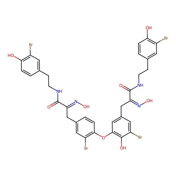 2D Structure of (2E)-3-[3-bromo-4-[3-bromo-5-[(2E)-3-[2-(3-bromo-4-hydroxyphenyl)ethylamino]-2-hydroxyimino-3-oxopropyl]-2-hydroxyphenoxy]phenyl]-N-[2-(3-bromo-4-hydroxyphenyl)ethyl]-2-hydroxyiminopropanamide
