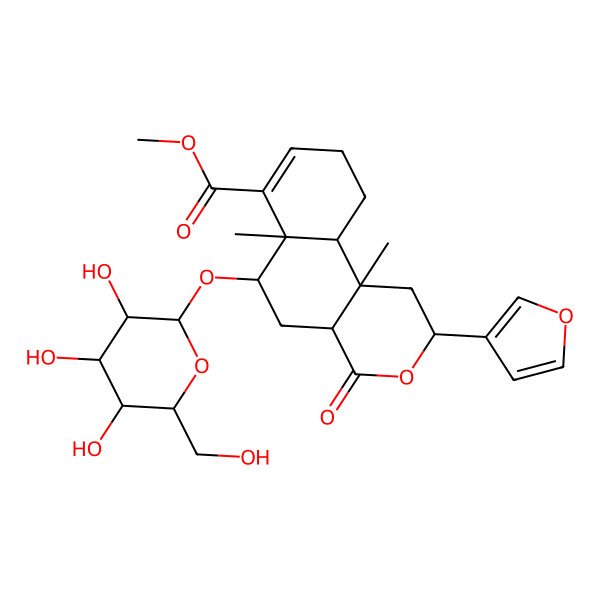 2D Structure of methyl (4aR,6R,6aR,10aS,10bS)-2-(furan-3-yl)-6a,10b-dimethyl-4-oxo-6-[(2R,3R,4S,5S,6R)-3,4,5-trihydroxy-6-(hydroxymethyl)oxan-2-yl]oxy-1,2,4a,5,6,9,10,10a-octahydrobenzo[f]isochromene-7-carboxylate