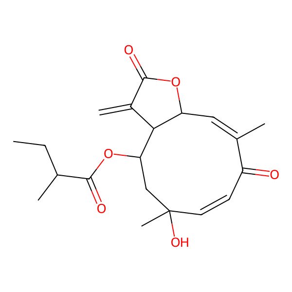 2D Structure of (6-Hydroxy-6,10-dimethyl-3-methylidene-2,9-dioxo-3a,4,5,11a-tetrahydrocyclodeca[b]furan-4-yl) 2-methylbutanoate