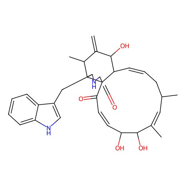 2D Structure of 5,6,14-trihydroxy-18-(1H-indol-3-ylmethyl)-7,9,16-trimethyl-15-methylidene-19-azatricyclo[11.7.0.01,17]icosa-3,7,11-triene-2,20-dione