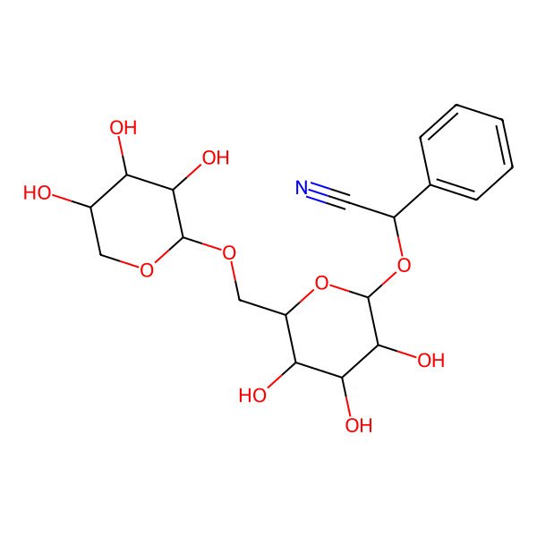 2D Structure of (2S)-2-phenyl-2-[(2R,3R,4S,5S,6R)-3,4,5-trihydroxy-6-[[(2S,3R,4S,5S)-3,4,5-trihydroxyoxan-2-yl]oxymethyl]oxan-2-yl]oxyacetonitrile