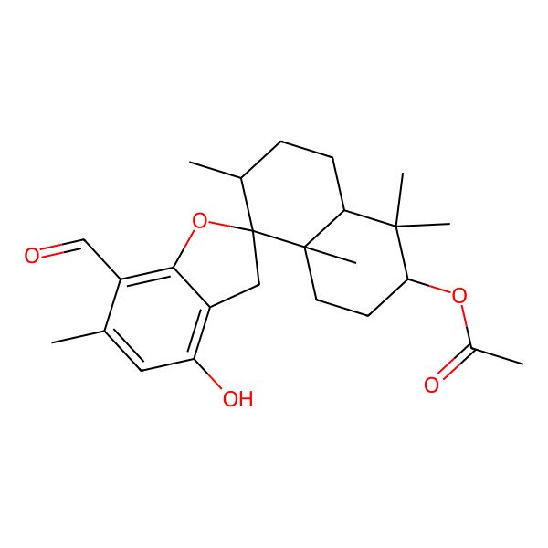 2D Structure of (7'-formyl-4'-hydroxy-1,1,4a,6,6'-pentamethylspiro[3,4,6,7,8,8a-hexahydro-2H-naphthalene-5,2'-3H-1-benzofuran]-2-yl) acetate
