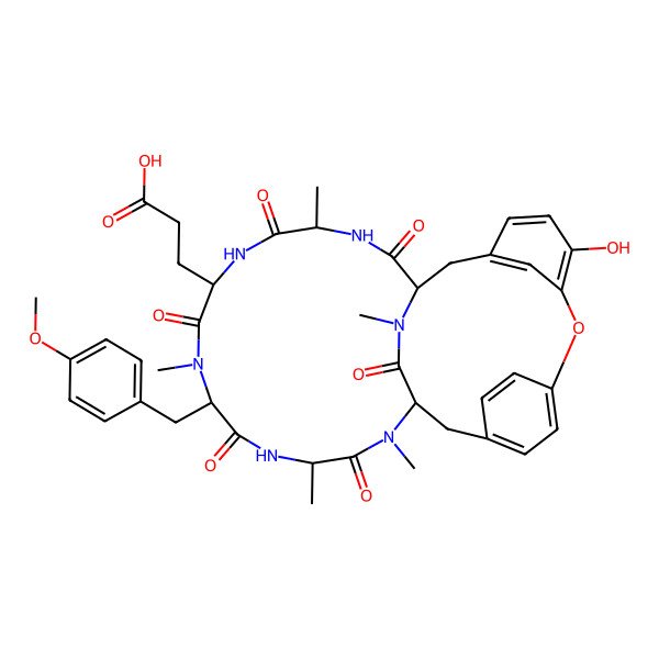 2D Structure of 3-[(1S,4R,7S,10S,13S,16S)-24-hydroxy-10-[(4-methoxyphenyl)methyl]-4,9,13,15,29-pentamethyl-2,5,8,11,14,30-hexaoxo-22-oxa-3,6,9,12,15,29-hexazatetracyclo[14.12.2.218,21.123,27]tritriaconta-18,20,23,25,27(31),32-hexaen-7-yl]propanoic acid