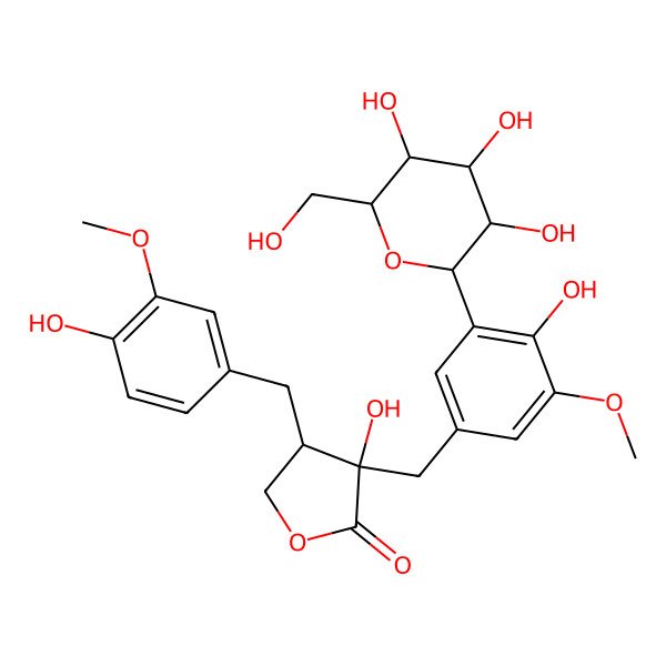 2D Structure of 3-Hydroxy-4-[(4-hydroxy-3-methoxyphenyl)methyl]-3-[[4-hydroxy-3-methoxy-5-[3,4,5-trihydroxy-6-(hydroxymethyl)oxan-2-yl]phenyl]methyl]oxolan-2-one