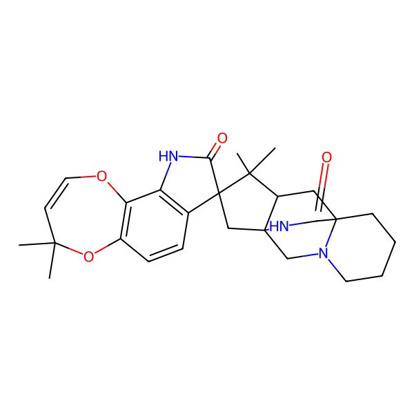 2D Structure of (1'R,8S,8'R,10'S)-4,4,11',11'-tetramethylspiro[10H-[1,4]dioxepino[2,3-g]indole-8,12'-3,14-diazatetracyclo[6.5.2.01,10.03,8]pentadecane]-9,15'-dione
