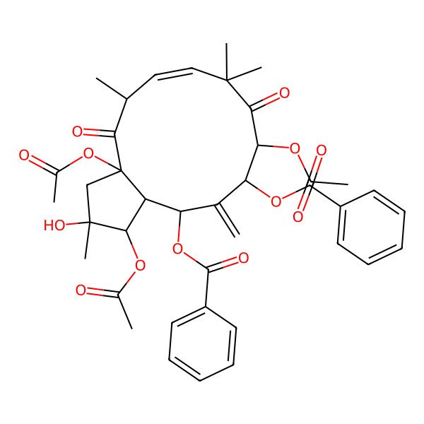 2D Structure of (1,3a,10-triacetyloxy-11-benzoyloxy-2-hydroxy-2,5,8,8-tetramethyl-12-methylidene-4,9-dioxo-3,5,10,11,13,13a-hexahydro-1H-cyclopenta[12]annulen-13-yl) benzoate