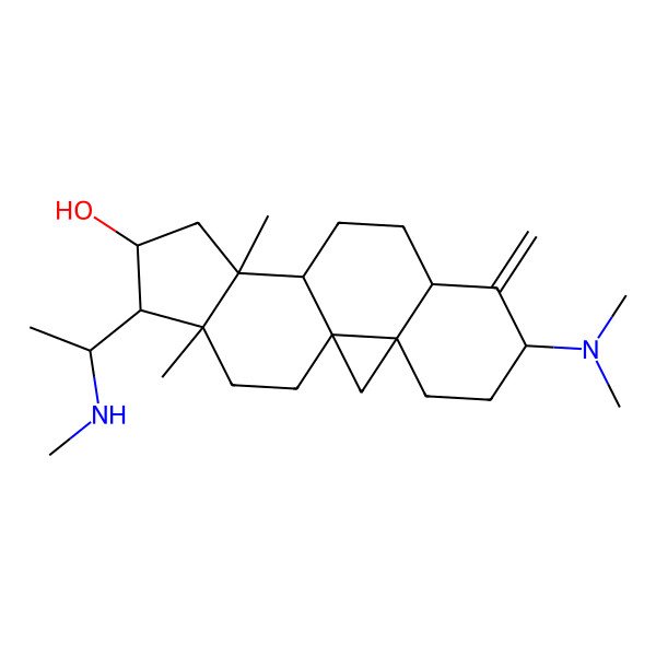 2D Structure of 6-(Dimethylamino)-12,16-dimethyl-15-[1-(methylamino)ethyl]-7-methylidenepentacyclo[9.7.0.01,3.03,8.012,16]octadecan-14-ol