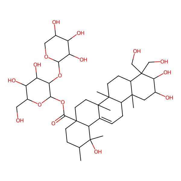2D Structure of [(2S,3R,4S,5S,6R)-4,5-dihydroxy-6-(hydroxymethyl)-3-[(2S,3R,4S,5R)-3,4,5-trihydroxyoxan-2-yl]oxyoxan-2-yl] (1R,2R,4aS,6aR,6aS,6bR,8aR,10R,11R,12aR,14bS)-1,10,11-trihydroxy-9,9-bis(hydroxymethyl)-1,2,6a,6b,12a-pentamethyl-2,3,4,5,6,6a,7,8,8a,10,11,12,13,14b-tetradecahydropicene-4a-carboxylate
