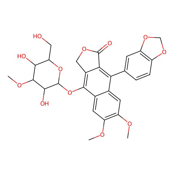 2D Structure of 9-(1,3-benzodioxol-5-yl)-4-[(2S,3R,4S,5R,6R)-3,5-dihydroxy-6-(hydroxymethyl)-4-methoxyoxan-2-yl]oxy-6,7-dimethoxy-3H-benzo[f][2]benzofuran-1-one