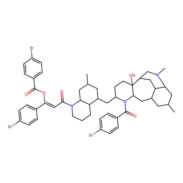 2D Structure of [(Z)-3-[(4aR,5R,7S,8aS)-5-[[(1R,2S,5R,7S,9S,11R,13S,17R)-6-(4-bromobenzoyl)-2-hydroxy-11,14-dimethyl-6,14-diazatetracyclo[7.6.2.02,7.013,17]heptadecan-5-yl]methyl]-7-methyl-3,4,4a,5,6,7,8,8a-octahydro-2H-quinolin-1-yl]-1-(4-bromophenyl)-3-oxoprop-1-enyl] 4-bromobenzoate