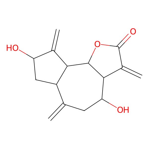 2D Structure of Azuleno(4,5-b)furan-2(3H)-one, decahydro-4,8-dihydroxy-3,6,9-tris(methylene)-, (3aR-(3aalpha,4alpha,6aalpha,8beta,9aalpha,9bbeta))-