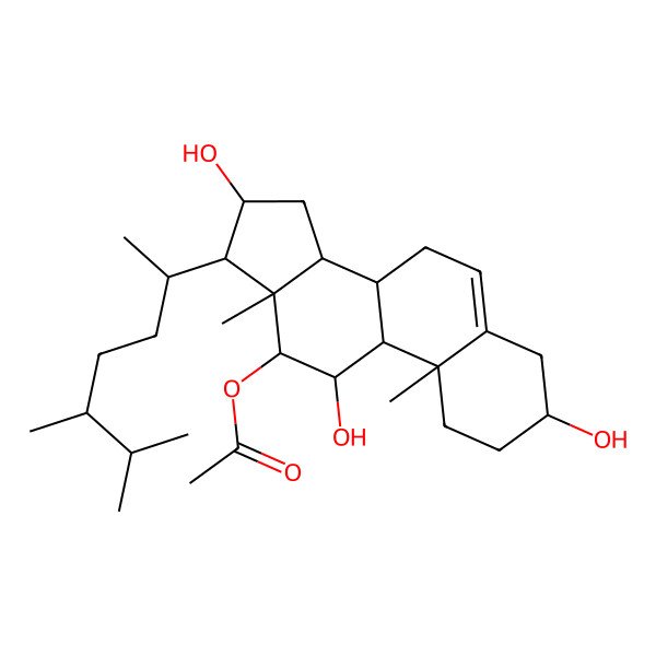 2D Structure of [(3S,8S,9S,10R,11R,12S,13S,14S,16R,17R)-17-[(2R,5R)-5,6-dimethylheptan-2-yl]-3,11,16-trihydroxy-10,13-dimethyl-2,3,4,7,8,9,11,12,14,15,16,17-dodecahydro-1H-cyclopenta[a]phenanthren-12-yl] acetate