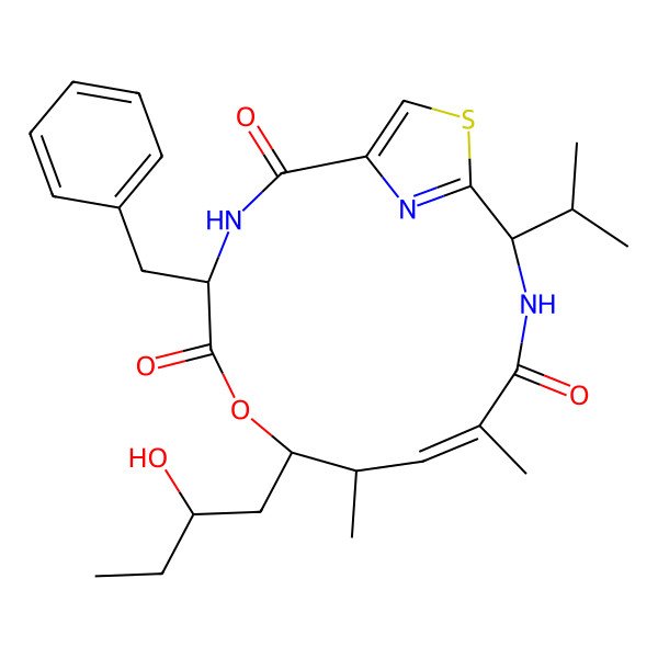 2D Structure of 4-Benzyl-7-(2-hydroxybutyl)-8,10-dimethyl-13-propan-2-yl-6-oxa-15-thia-3,12,17-triazabicyclo[12.2.1]heptadeca-1(16),9,14(17)-triene-2,5,11-trione