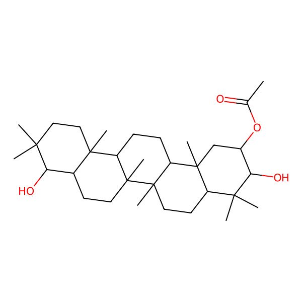 2D Structure of (3,9-Dihydroxy-4,4,6a,6b,10,10,12a,14b-octamethyl-1,2,3,4a,5,6,6a,7,8,8a,9,11,12,13,14,14a-hexadecahydropicen-2-yl) acetate