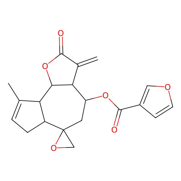 2D Structure of [(3aR,4R,6R,6aR,9aR,9bR)-9-methyl-3-methylidene-2-oxospiro[4,5,6a,7,9a,9b-hexahydro-3aH-azuleno[4,5-b]furan-6,2'-oxirane]-4-yl] furan-3-carboxylate
