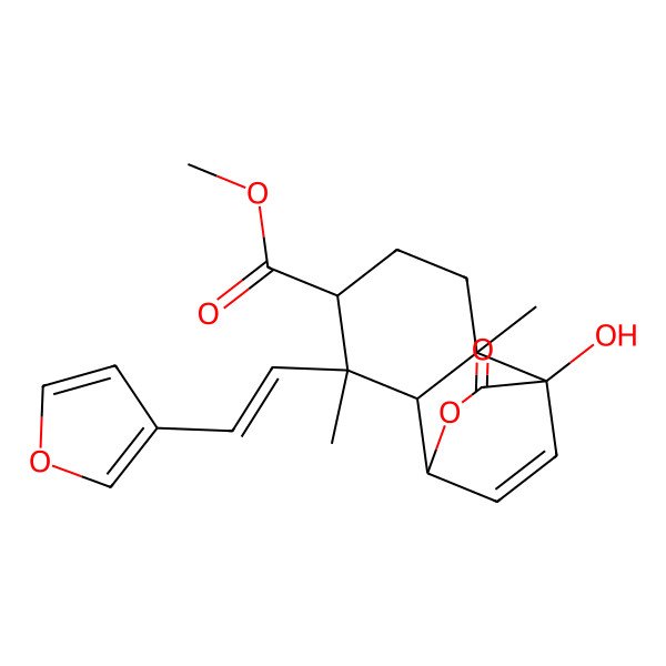 2D Structure of Methyl 6-[2-(furan-3-yl)ethenyl]-1-hydroxy-2,6-dimethyl-10-oxo-9-oxatricyclo[6.2.2.02,7]dodec-11-ene-5-carboxylate