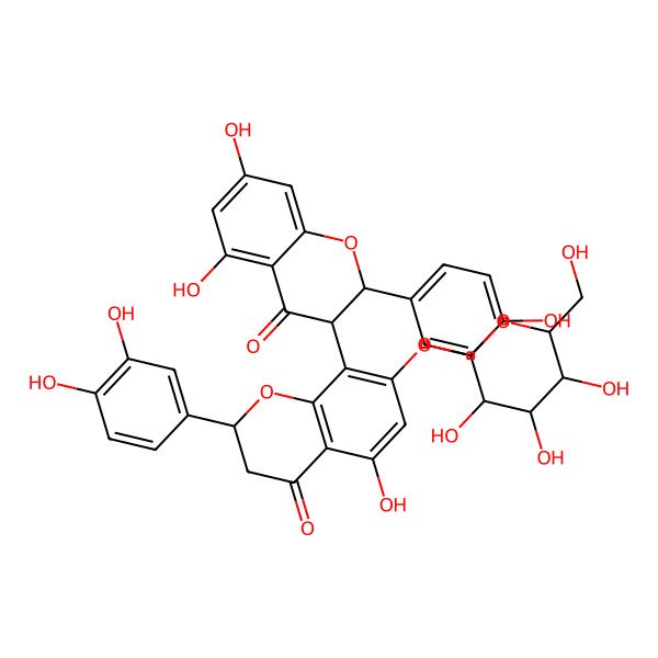 2D Structure of (2R)-8-[(2S,3R)-5,7-dihydroxy-2-(4-hydroxyphenyl)-4-oxo-2,3-dihydrochromen-3-yl]-2-(3,4-dihydroxyphenyl)-5-hydroxy-7-[(2S,3R,4S,5S,6R)-3,4,5-trihydroxy-6-(hydroxymethyl)oxan-2-yl]oxy-2,3-dihydrochromen-4-one