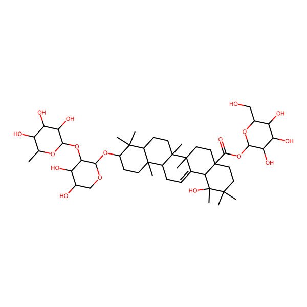 2D Structure of [(2S,3R,4S,5S,6R)-3,4,5-trihydroxy-6-(hydroxymethyl)oxan-2-yl] (1S,4aR,6aR,6aS,6bR,8aR,10S,12aR,14bS)-10-[(2S,3R,4S,5S)-4,5-dihydroxy-3-[(2S,3R,4R,5R,6S)-3,4,5-trihydroxy-6-methyloxan-2-yl]oxyoxan-2-yl]oxy-1-hydroxy-1,2,2,6a,6b,9,9,12a-octamethyl-4,5,6,6a,7,8,8a,10,11,12,13,14b-dodecahydro-3H-picene-4a-carboxylate