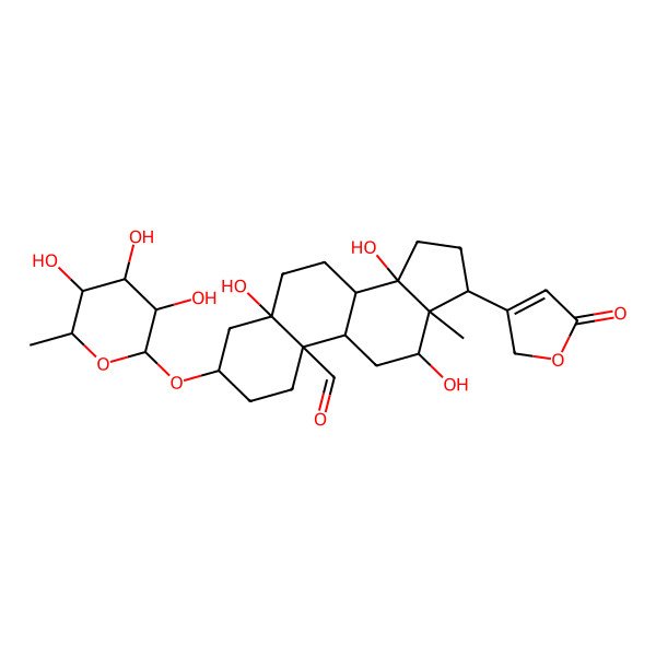 2D Structure of (3R,5S,8R,9S,10S,12R,13S,14S,17R)-5,12,14-trihydroxy-13-methyl-17-(5-oxo-2H-furan-3-yl)-3-[(2R,3R,4R,5R,6S)-3,4,5-trihydroxy-6-methyloxan-2-yl]oxy-2,3,4,6,7,8,9,11,12,15,16,17-dodecahydro-1H-cyclopenta[a]phenanthrene-10-carbaldehyde