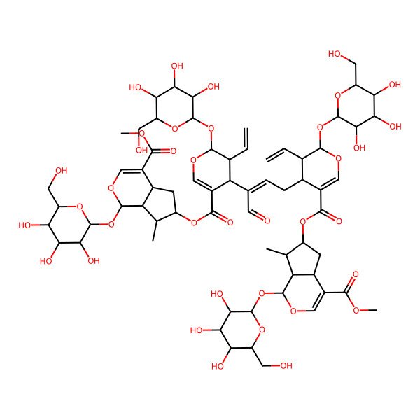 2D Structure of methyl (1S,4aS,6S,7R,7aS)-6-[(2S,3R,4S)-4-[(E)-3-[(2S,3R,4R)-5-[[(1S,4aS,6S,7R,7aS)-4-methoxycarbonyl-7-methyl-1-[(2S,3R,4S,5S,6R)-3,4,5-trihydroxy-6-(hydroxymethyl)oxan-2-yl]oxy-1,4a,5,6,7,7a-hexahydrocyclopenta[c]pyran-6-yl]oxycarbonyl]-3-ethenyl-2-[(2S,3R,4S,5S,6R)-3,4,5-trihydroxy-6-(hydroxymethyl)oxan-2-yl]oxy-3,4-dihydro-2H-pyran-4-yl]-4-oxobut-2-enyl]-3-ethenyl-2-[(2S,3R,4S,5S,6R)-3,4,5-trihydroxy-6-(hydroxymethyl)oxan-2-yl]oxy-3,4-dihydro-2H-pyran-5-carbonyl]oxy-7-methyl-1-[(2S,3R,4S,5S,6R)-3,4,5-trihydroxy-6-(hydroxymethyl)oxan-2-yl]oxy-1,4a,5,6,7,7a-hexahydrocyclopenta[c]pyran-4-carboxylate