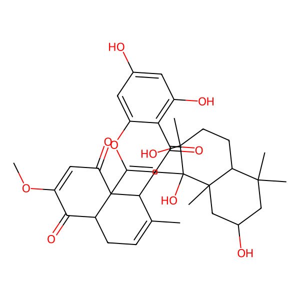 2D Structure of 8a-(5,7-dihydroxy-4-oxochromen-2-yl)-3-methoxy-7-methyl-8-[(1,2,7-trihydroxy-2,5,5,8a-tetramethyl-3,4,4a,6,7,8-hexahydronaphthalen-1-yl)methyl]-5,8-dihydro-4aH-naphthalene-1,4-dione