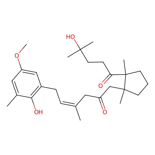 2D Structure of (E)-6-(2-hydroxy-5-methoxy-3-methylphenyl)-1-[(1R,2R)-2-(4-hydroxy-4-methylpentanoyl)-1,2-dimethylcyclopentyl]-4-methylhex-4-en-2-one