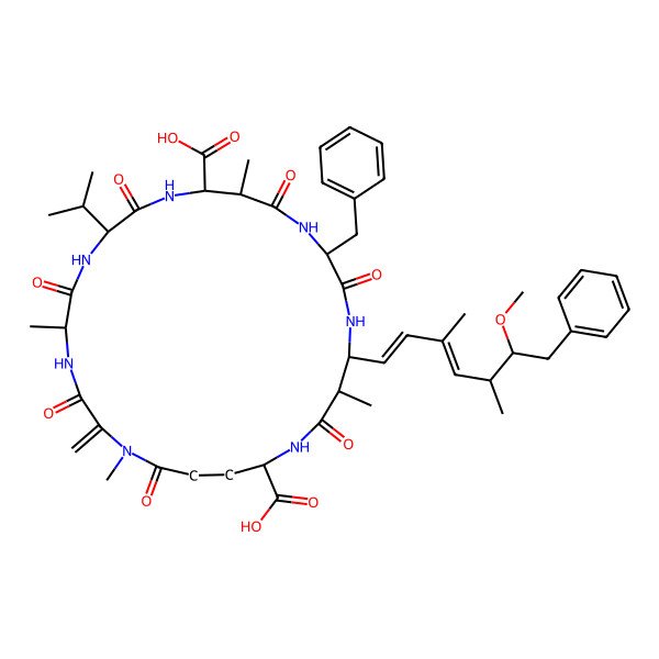 2D Structure of (5R,8S,11R,12S,15S,18S,19S,22R)-15-benzyl-18-[(1E,3E,5S,6S)-6-methoxy-3,5-dimethyl-7-phenylhepta-1,3-dienyl]-1,5,12,19-tetramethyl-2-methylidene-3,6,9,13,16,20,25-heptaoxo-8-propan-2-yl-1,4,7,10,14,17,21-heptazacyclopentacosane-11,22-dicarboxylic acid