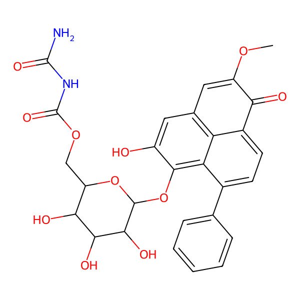 2D Structure of [(2R,3S,4S,5R,6S)-3,4,5-trihydroxy-6-(2-hydroxy-5-methoxy-6-oxo-9-phenylphenalen-1-yl)oxyoxan-2-yl]methyl N-carbamoylcarbamate