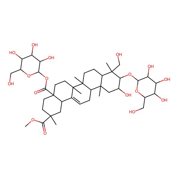 2D Structure of 2-O-methyl 4a-O-[(2R,3R,4S,5S,6R)-3,4,5-trihydroxy-6-(hydroxymethyl)oxan-2-yl] (2S,4aR,6aR,6aS,6bR,8aR,9R,10R,11S,12aR,14bS)-11-hydroxy-9-(hydroxymethyl)-2,6a,6b,9,12a-pentamethyl-10-[(2R,3R,4S,5S,6R)-3,4,5-trihydroxy-6-(hydroxymethyl)oxan-2-yl]oxy-1,3,4,5,6,6a,7,8,8a,10,11,12,13,14b-tetradecahydropicene-2,4a-dicarboxylate