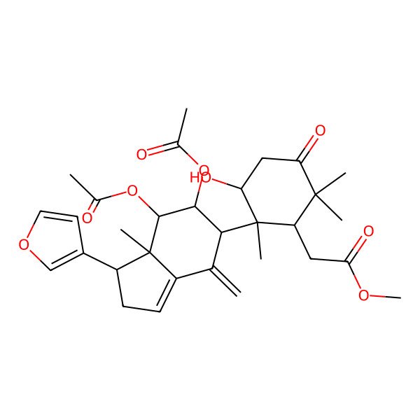 2D Structure of methyl 2-[(1R,2S,3S)-2-[(1S,5S,6R,7R,7aS)-6,7-diacetyloxy-1-(furan-3-yl)-7a-methyl-4-methylidene-2,5,6,7-tetrahydro-1H-inden-5-yl]-3-hydroxy-2,6,6-trimethyl-5-oxocyclohexyl]acetate